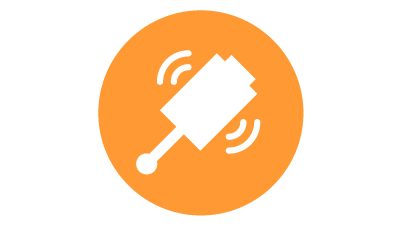 Icona bianca di una sonda radio per ispezioni in-process di automazione industriale, posta all'interno di un cerchio arancione