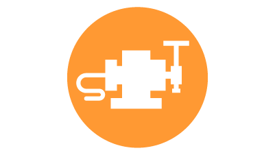 Icona bianca di un sistema di presetting utensili per ispezioni in-process di automazione industriale, posto all'interno di un cerchio arancione